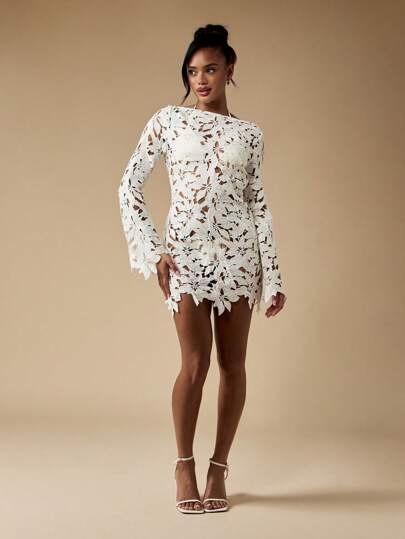 MISSGUIDED Floral Lace Long Sleeve Mini Dress Holiday Party Wedding Reception Elegant Boho Crochet Fall Winter Special Occasion Cutout Design,XS