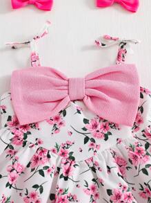 SHEIN Baby Girl Cute Summer Dress,White And Pink Ditsy Floral Color Block Bow Decor Casual Comfy Outfits For Vacation,Daily Leisure And Back To School - Pink - View 4