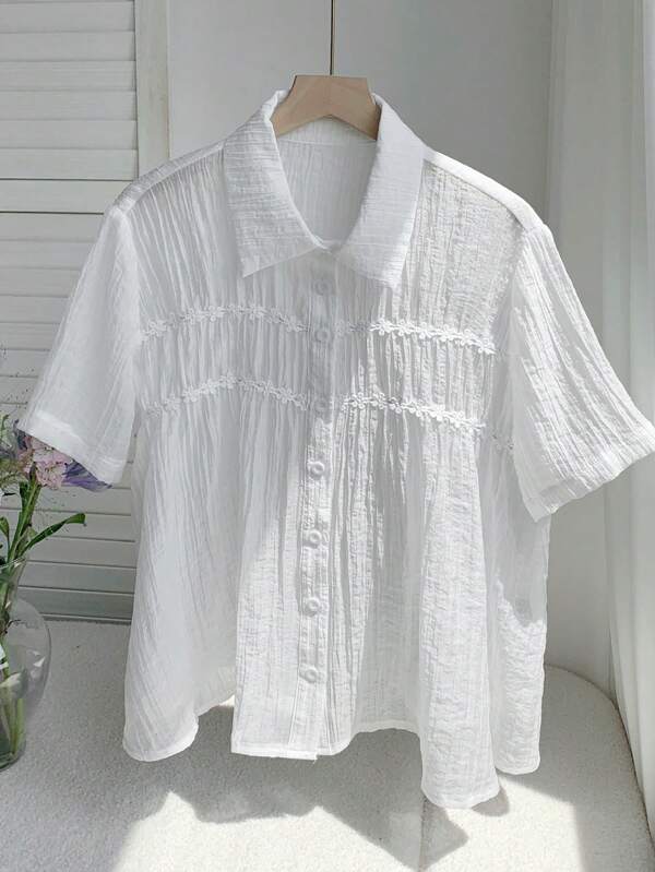 Comfortcana Cămașă de vară pentru femei, culoare solidă, mânecă scurtă, cu aplicații decorative, cu un singur rând de nasturi