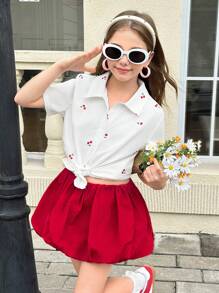 SHEIN Tween Girl Short Sleeve Shirt In Summer Is A Must-Have. The Cherry Pattern On The Shirt Looks Vivid, As If Dotting Sweet Fruits. It Is The Perfect Choice To Create An Adorable Look For Your Little One. - White - View 7