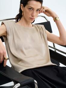 Aalyst Women's Elegant French Style Crew Neck Wide Shoulder Ruffle Sleeve Blouse, Commute Officewear, Spring/Summer