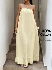 SHEIN LUNE Frill Trimmed Collar, Frill Trim A-Line Babydoll Dress, Double Layered Crepe Fabric, Casual Holiday Elegant Dress For Women, Light Yellow - Light Yellow - View 3