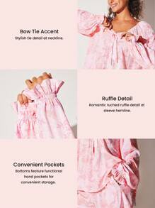 LUVLETTE 柔软人造丝度假风花卉图案灯笼褶边长袖上衣和短裤家居服透气睡衣套装带口袋裤子新娘内衣，平角裤套装，春夏配套套装婚礼用品 - 粉色 - 查看 4