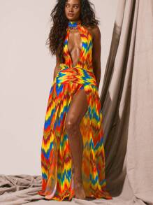 Musera Resort 高领露肩抽象印花开衩宽松长裙，春夏度假性感波西米亚风伊比沙岛音乐节海滩泳装罩衫，生日婚礼宾客优雅假日长裙 - 彩色 - 查看 4