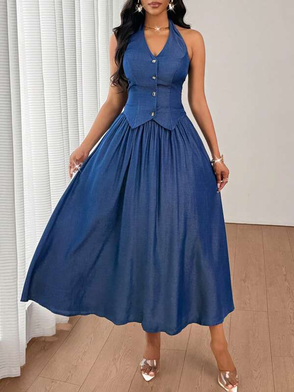 SHEIN Lady Halter Women Tops Shirred Back And Women Skirts Women's Two Pieces Suit Imitation Blue Denim Birthday&Event Dresses /Office Dresses /Church Dresses/Wedding Dresses /Holiday Dresses /Vacation Outfits Women Business Casual Woman Women Dresses Summer Tropical Dresses For Women Office Dresses For Women Dresses For Women Work Women Dresses Graduation Dress/ Elegant Dress Casaul Rave Outfits / Country Concert Outfit Sundress