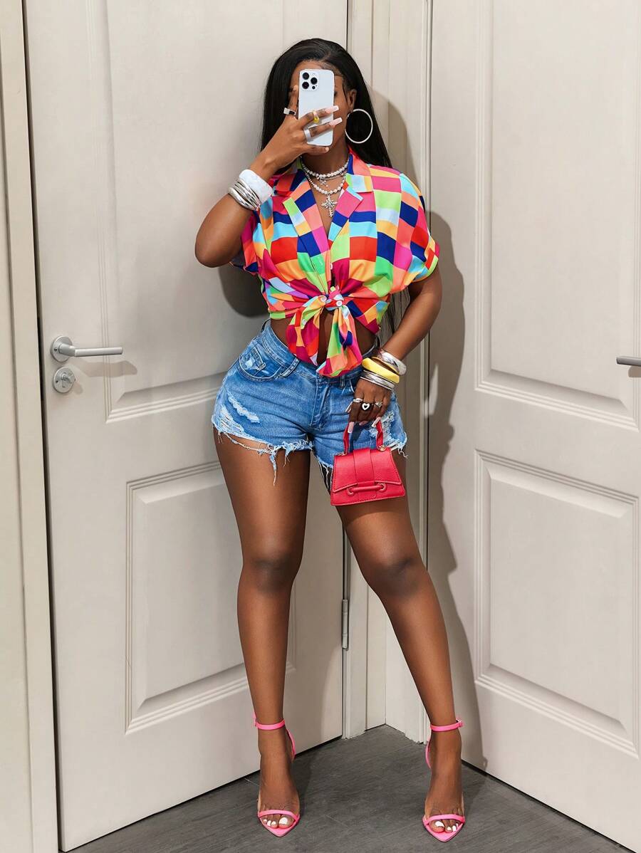 BamGleam 拼色格子落肩短款衬衫