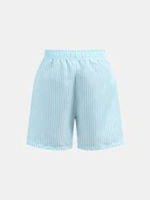 2pcs Boys' Striped Printed Swim Trunks, Woven Fabric Beach Shorts Set, Suitable For Holiday