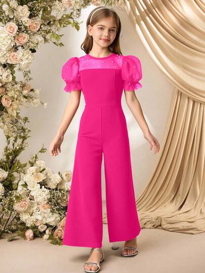 SHEIN Elegant Girls' Party Pageant Faux Pearl Net Mesh Decorated Romper
