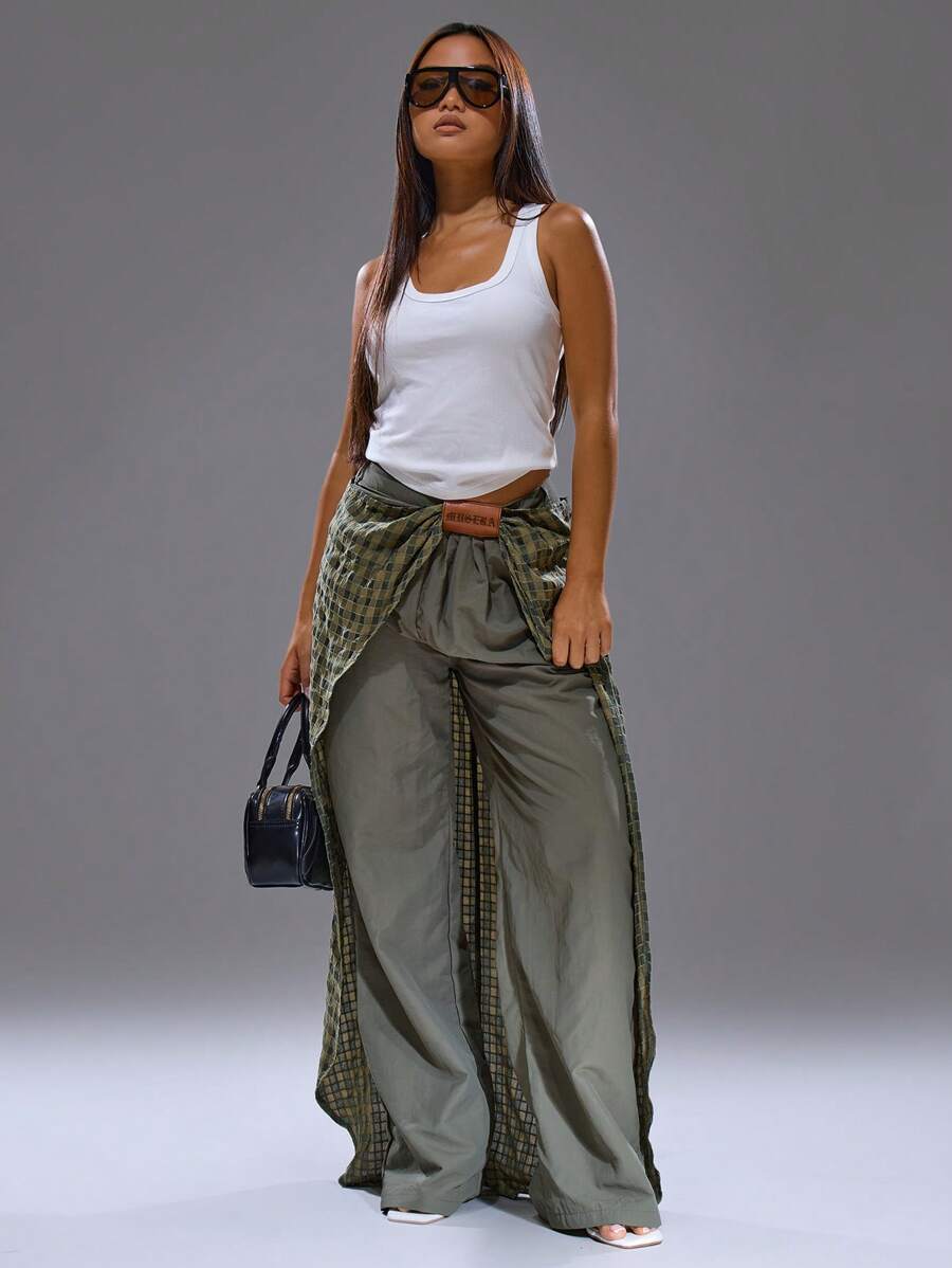 MUSERA Nylon Trousers With Maxi Skirt Check Overlay , Summer, Streetwear, Y2k, Cool Girl,City Muse Fall, Autumn, Winter Office Work - Army Green - View 1