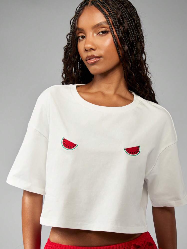 MISSGUIDED Watermelon Embroidered Crop T-Shirt Beach Summer Festival Cotton Loose Fit Casual Top Holiday Spring