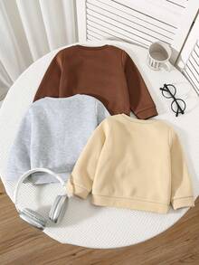 SHEIN 3 件套男婴/女婴可爱百搭针织字母图案长袖运动衫，秋冬多件装 - 卡其色 - 查看 2