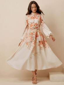 Anewsta Vestido elegante de verano y primavera para vacaciones en la playa, de alta gama, con cuello alto de botones, lazo en la cintura, y mangas farol para mujer