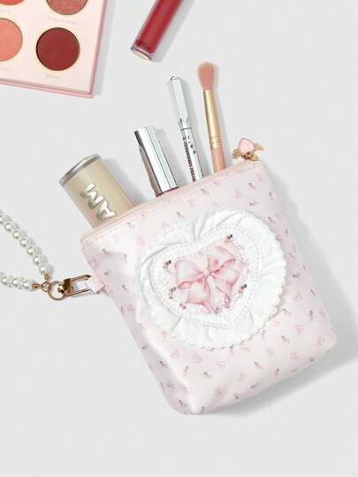 Kawaii Sac à maquillage portable à grand capacité de forme trapézoïdale blanc avec design de nœud en dentelle florale et de perles