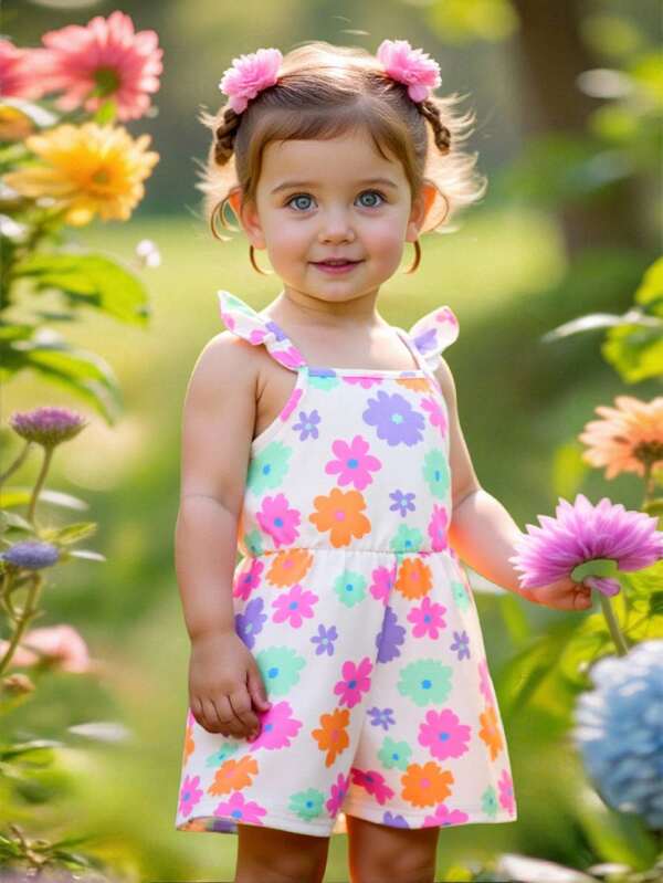 Baby Girl Summer Cute Floral Pattern Knit Romper