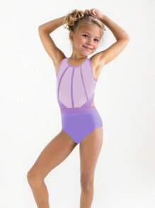 SHEIN Tween Girls' Sleeveless Color-Block Bodysuit With Open Back And Padded Bra, Professional Training Gymnastics Leotard & Dance Outfit Set - Purple - View 3