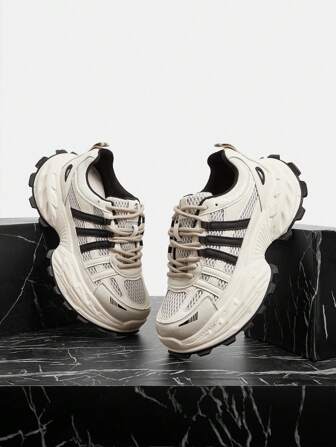Vate 3-Streifen Chunky Sneakers für Damen, Frühling/Herbst Schnürschuhe aus Mesh atmungsaktiv Lässig Schuhe, Mode High-End Plateau Farbblock Sportschuhe mit dicker Sohle und rutschfester Sohle
