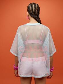 SUMWON WOMEN 轻盈夏季网眼沙滩罩衫 大学运动衫风格泳池泳衣上衣 节日沙滩装 度假必备 - 藍色 - 查看 2