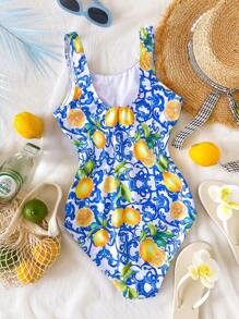 Traje de baño de una pieza con estampado de flores y limones para adolescentes/jóvenes, bañador informal para nadar y vacaciones