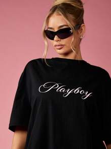 Missguided x Playboy 个性超大图案 T 恤，四季皆宜的街头潮流长款休闲 T 恤，带有标志性兔子图案，宽松休闲家居服