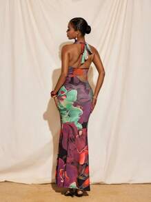 TIYA Summer Vacation Floral Print Colorful Halter Cowl Neck Tie Neck Backless Mermaid Maxi Dress