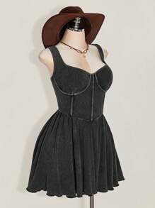 SHEIN ICON Plus Size Square Neck Bust Cup Divided Waist Knit Dress, Suitable For Everyday, Y2K, Back To School, Boho, Summer Dress