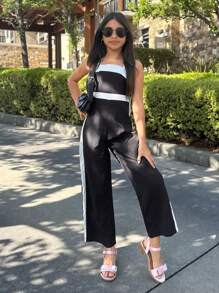 Tween Girls' Black & White Contrast Design Jump Suit, Casual Commuting Fashion Daily Versatile - Black - View 4