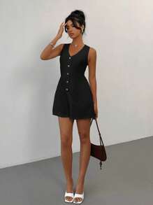 Rafferiza 女式 V 领收腰 A 字连体裤，休闲优雅简约风格 - 黑色 - 查看 3