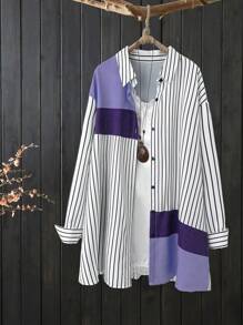 大码女式撞色条纹衬衫秋季女式衬衫