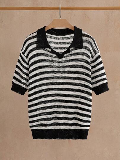 Manfinity VCAY Men's Casual Striped Polo Collar Short Sleeve Knitted Top, Suitable For Summer