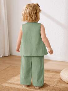 Cozy Pixies Baby Girl 2pcs Outfit Set: Bow Decor Crew Neck Sleeveless Top And Elastic Waist Pants - Green - View 2