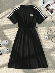 SHEIN Explorewe Tween Girl Casual Colorblock Striped Drawstring Waist Sundress, Summer Active Dress