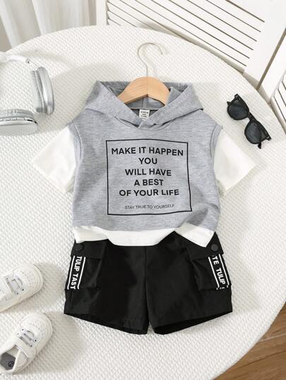 SHEIN 男婴/女婴可爱字母印花超大连帽 T 恤和撞色滚边工装短裤 2 件套，适合春夏旅行