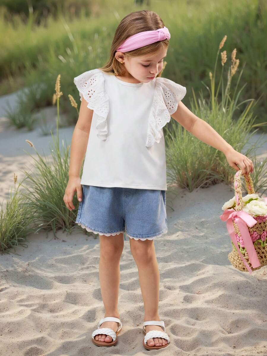 SHEIN Young Girl Casual Minimalist Comfortable Round Neck Ruffled Sleeve T-Shirt - White - View 1