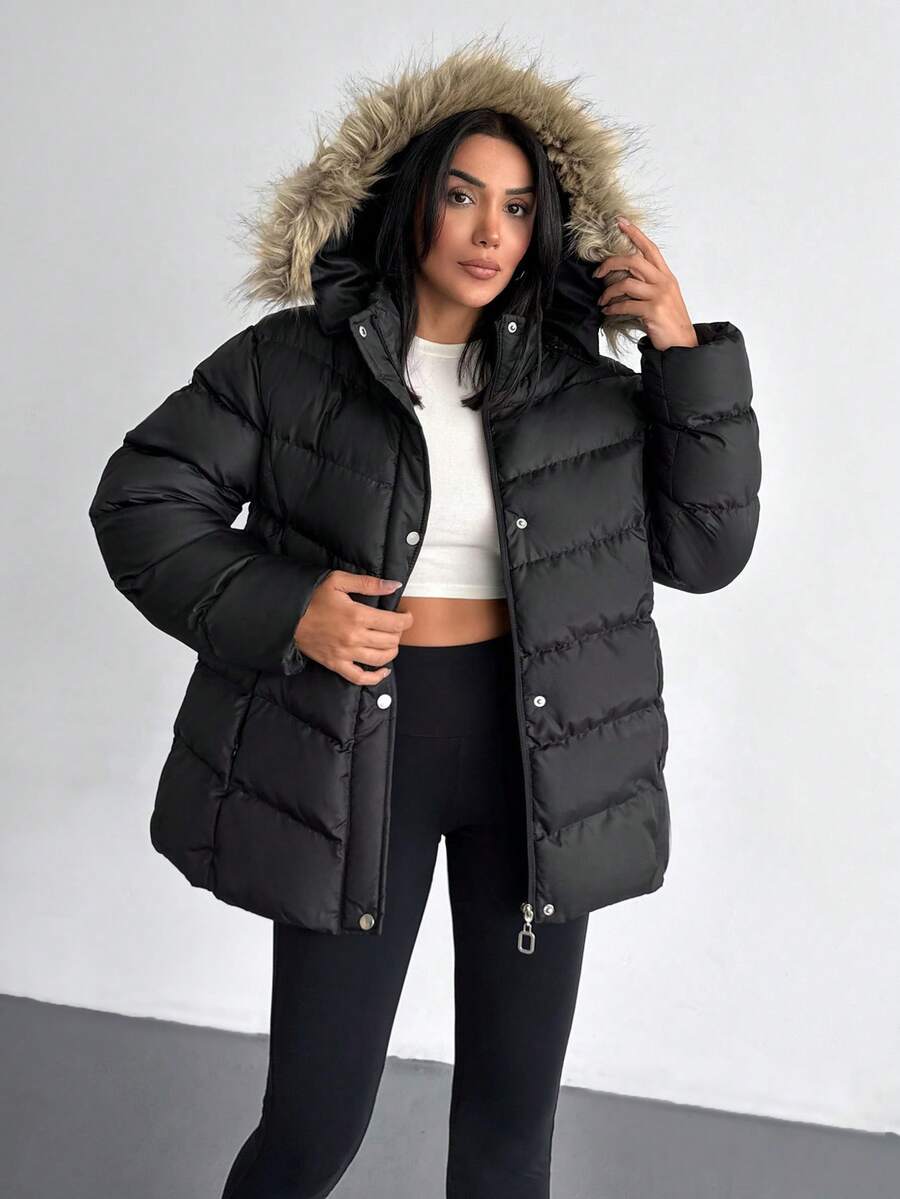 EURMUSE Contrast Faux Fur Hooded, Zip Up, Winter Coat - Black - View 1