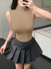 DAZY Women High Neck Bodycon Sleeveless Tank Top Preppy Tops - Khaki - View 4