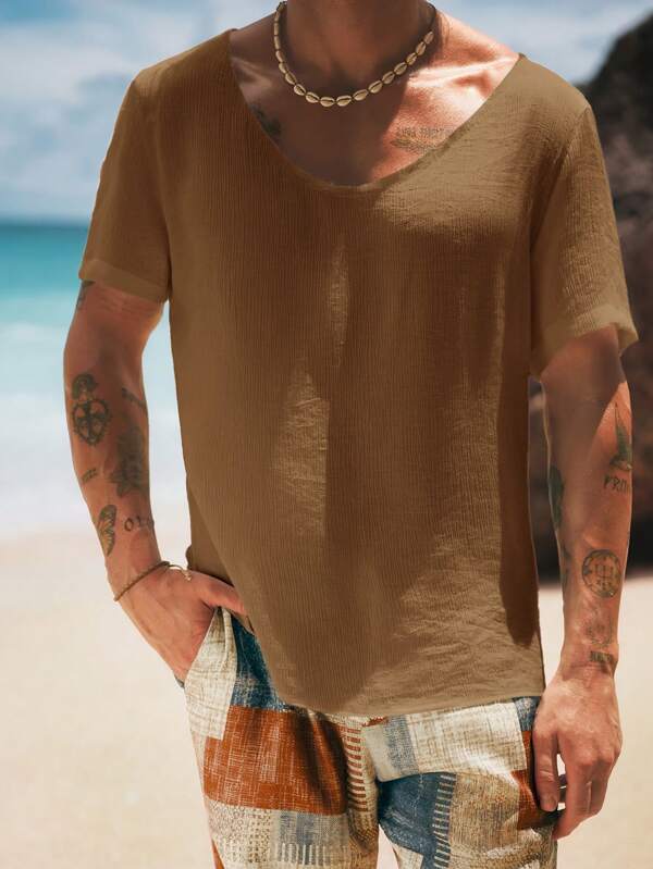 HIMLAND Men's Casual Woven Crinkle Loose Fit Crew Neck Solid Color Short Sleeve T-Shirt Men V Neck Shirt Mens Summer Tops Tan Tops Men Mens Beach Tops Earthy Mens Tops Men Beach Tops Summer Men Tops Earthy Clothes Men