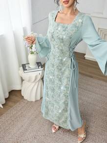 Yasmyna Women's Square Neck Patchwork Embroidery Fabric Cinched Waist Waist Abaya Dress, Spring/Summer - Green - View 4