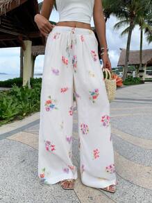 SHEIN EZwear Women's Vacation Casual Floral Print Wide Leg Pants - White - View 3