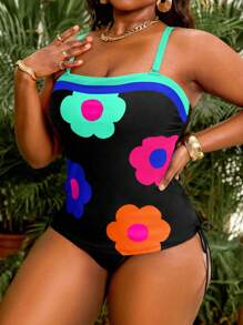 Slaydiva Plus Size Women 2pcs Floral Print Bandeau Swimwear Top With Drawstring High Waist Bottom Swimwear Set, Summer Beach Resort - Multicolor - View 4