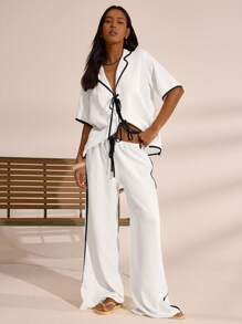 MUSERA Camisa oversize con look de lino y pantalones con ribete de contraste y lazo, conjunto elegante y lindo para vacaciones de primavera y verano en estilo bohemio de Ibiza