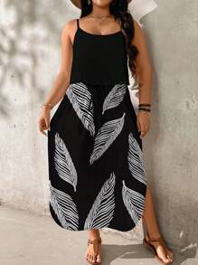 EMERY ROSE Vestido de talla grande con estampado de hojas en blanco y negro, adecuado para vacaciones de verano - Blanco y Negro - Ver 6