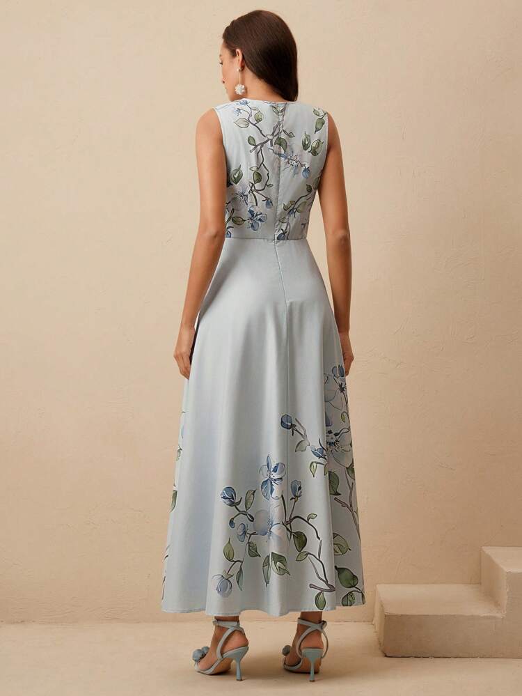 Women Embroidered Flared Sleeveless Blue Dress, Elegant Resort Style, Spring & Summer