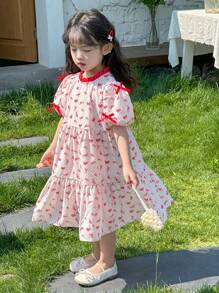 DAZY Young Girls' Round Neck Full Print Bowknot Sweet Mid-Length Dress,Girls Summer Outfits