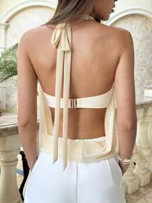 Aloruh Nueva Top de halter con escote de garganta semitransparente, decoración de metal y espalda descubierta, sexy - Albaricoque - Ver 2