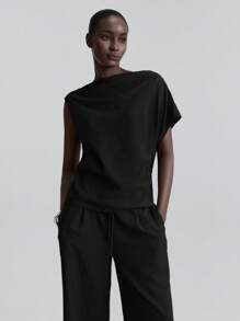 Ontre 2件套女士2025夏季不对称短袖宽松上衣和裤子套装，优雅舒适，简约时尚，适合城市通勤、城市聚会、海岛派对、度假、音乐节、教师节、商务休闲办公穿着 - 黑色 - 查看 4