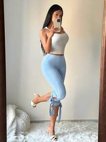 SHEIN SXY Quần legging cạp trễ thắt nơ bên hông gợi cảm & dễ thương cho nữ, quần mặc ở nhà thường ngày cạp trễ 7/8, quần mặc hàng ngày đa năng - Màu xanh lam - Xem 3