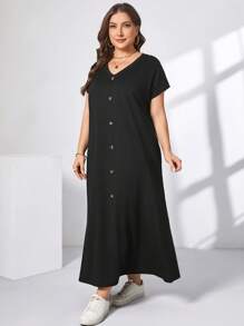SHEIN Essnce Robe longue ample et confortable à manches courtes noire col en V avec poches, style mode décontracté printemps et été pour les femmes de grande taille. Tenues d'été pour femmes, vêtements d'église pour femmes, style Old Money pour femmes, tenues d'enseignante pour femmes, tenue d'aéroport pour femmes