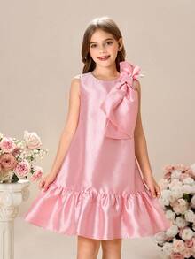 SHEIN Váy suông cổ tròn màu trơn bó sát không tay cho bé gái tuổi mới lớn - Hồng - Xem 3