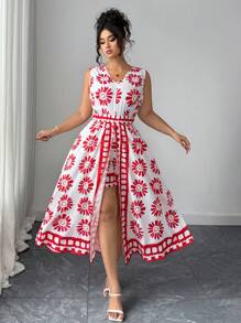Elenzga Mono bohemio de talla grande para mujer, con estampado tropical rojo, cintura alta y fluido, elegante y de moda para el verano