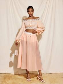 Sara Mezzanotti 蕾丝腰带蝴蝶结透明飘逸中长裙搭配内搭短裤女式优雅浪漫 - 杏色 - 查看 5